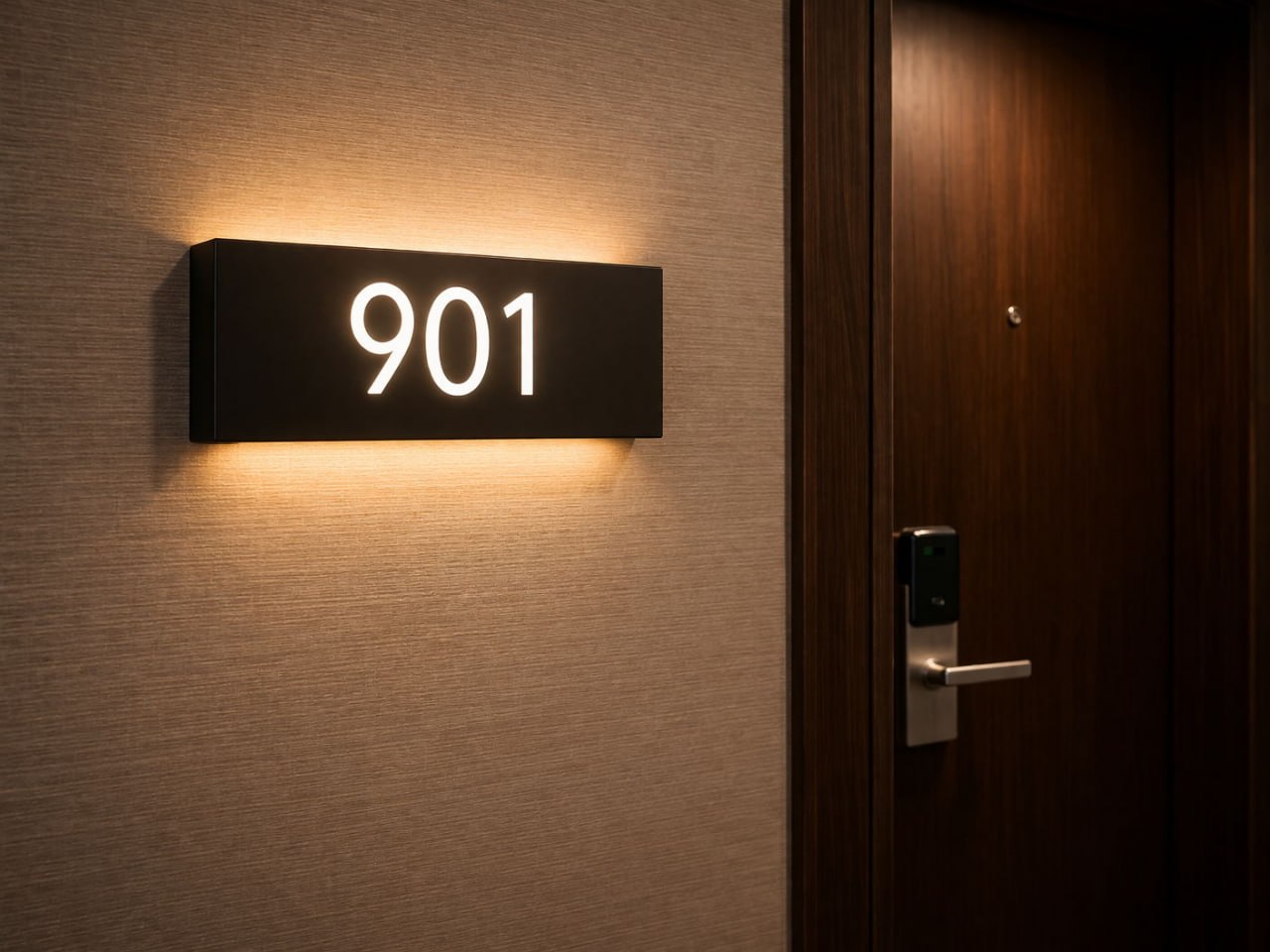 Illuminated room number 901 door sign with smart lock
